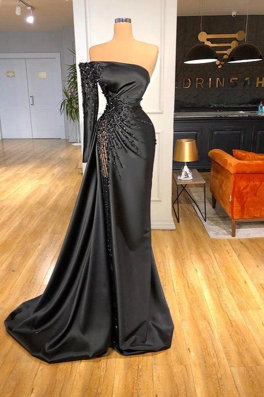 Glamorous Black Long Sleeve One Shoulder Evening Prom Dresses Beadings Evening Gowns