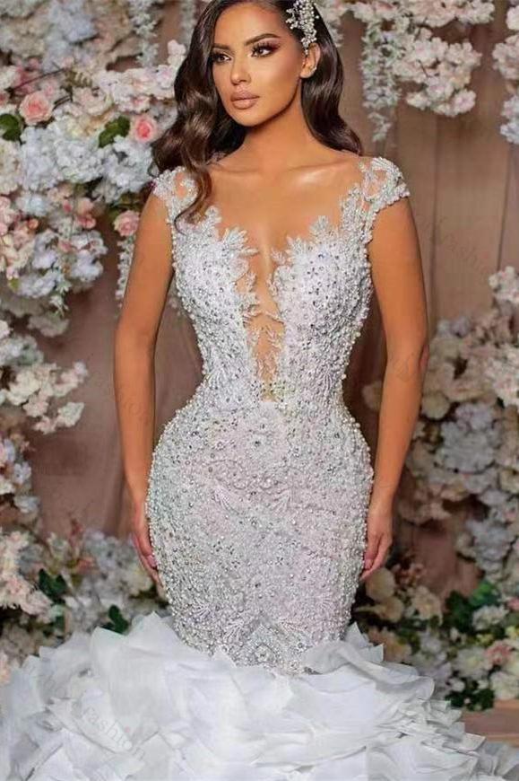 Glamorous Cap Sleeves Wedding Dress Mermaid Lace Appliqued Bridal Gown With Ruffles