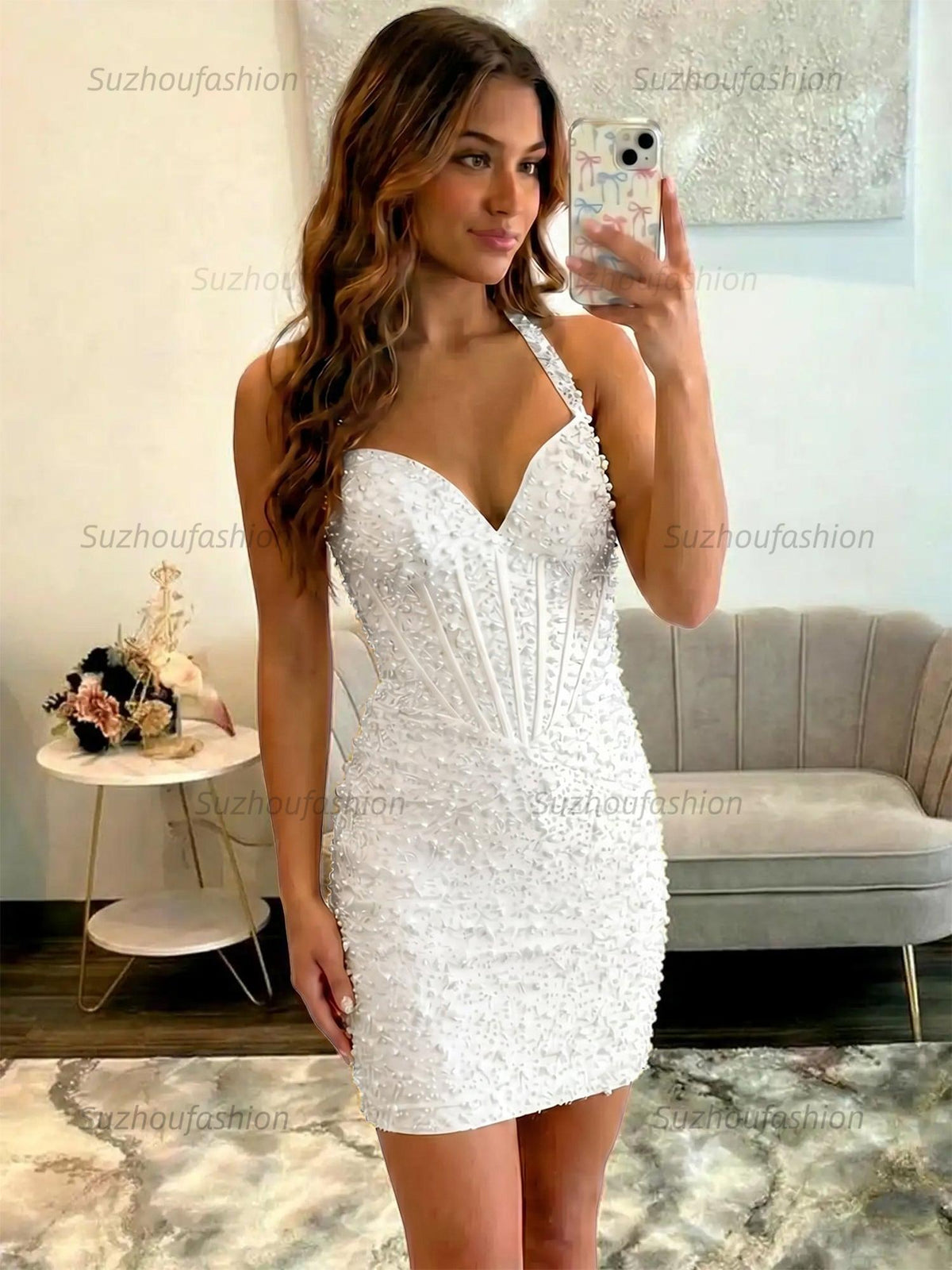Suzhoufashion Glamorous Champagne Pearl Beaded Corset Short Homecoming Dress