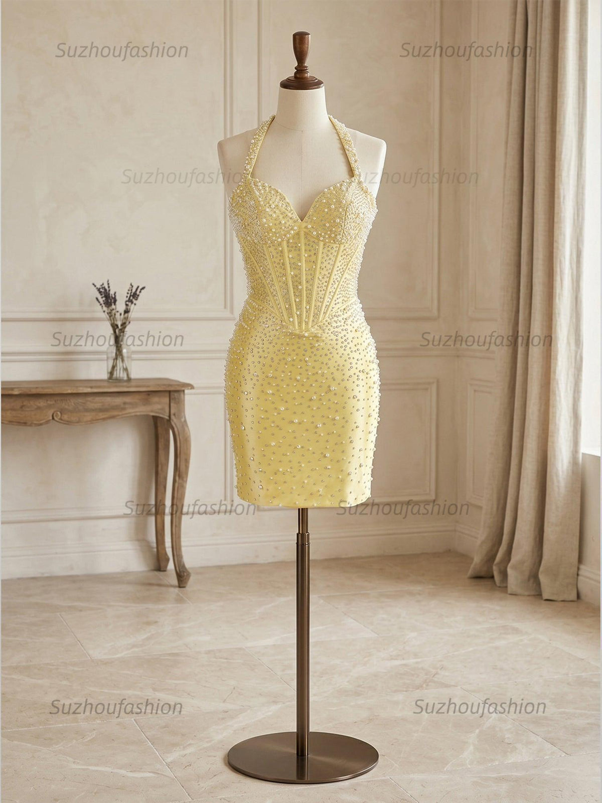Suzhoufashion Glamorous Champagne Pearl Beaded Corset Short Homecoming Dress