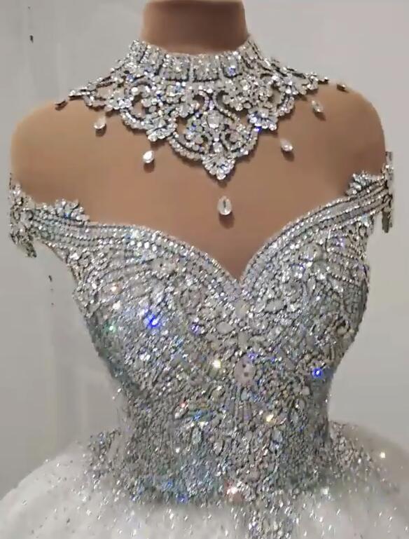 Glamorous High Neck Crystal Wedding Dresses | Short Sleeves Sheer Tulle Bridal Ball Gown