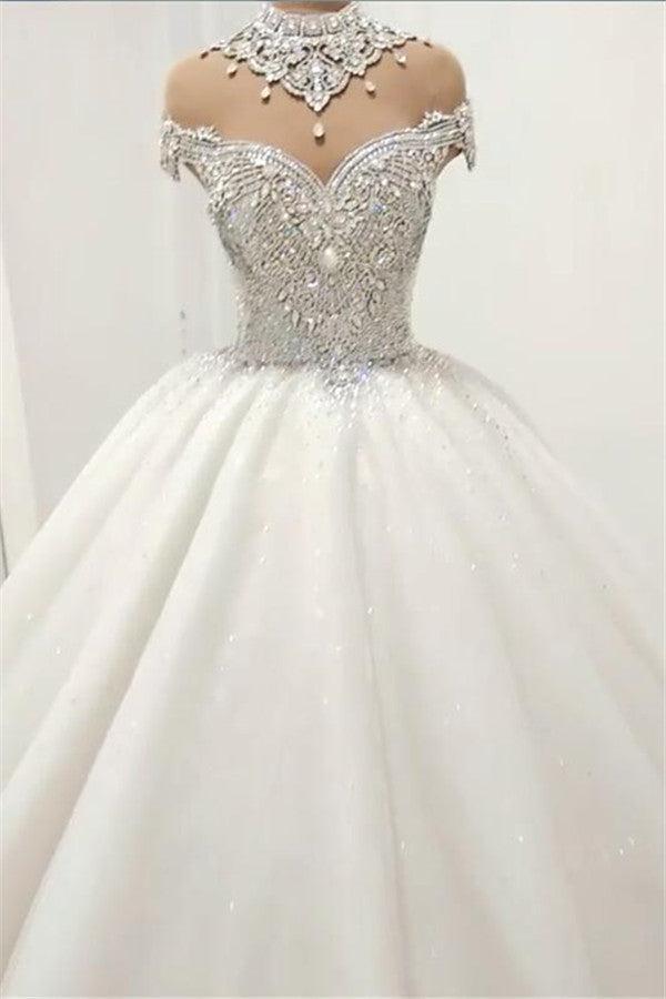 Glamorous High Neck Crystal Wedding Dresses | Short Sleeves Sheer Tulle Bridal Ball Gown