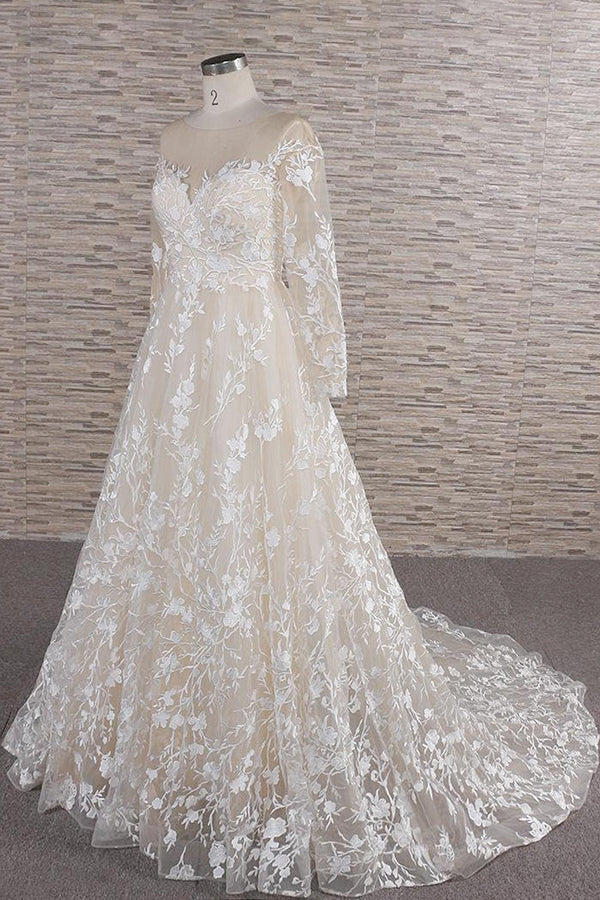 Glamorous Jewel Longsleeves Champagne Wedding Dress | A-line Lace Bridal Gowns With Appliques