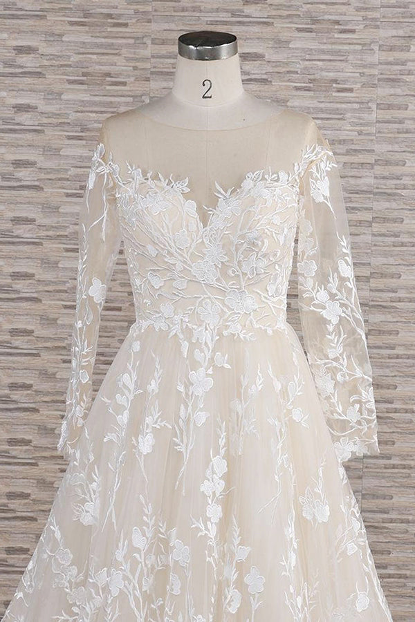 Glamorous Jewel Longsleeves Champagne Wedding Dress | A-line Lace Bridal Gowns With Appliques