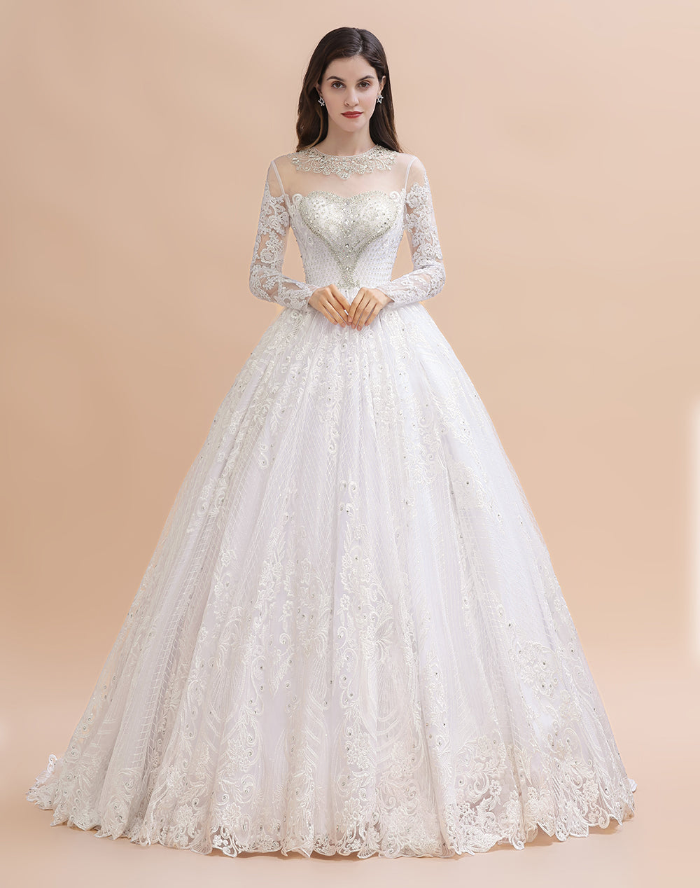 Glamorous Jewel Tulle Lace Wedding Dress | Long Sleeves Appliques Beadings Bridal Gowns