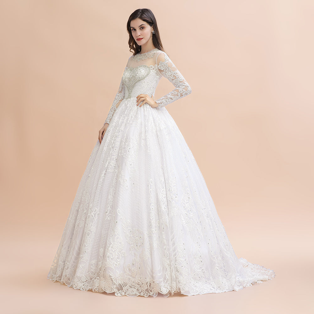 Glamorous Jewel Tulle Lace Wedding Dress | Long Sleeves Appliques Beadings Bridal Gowns