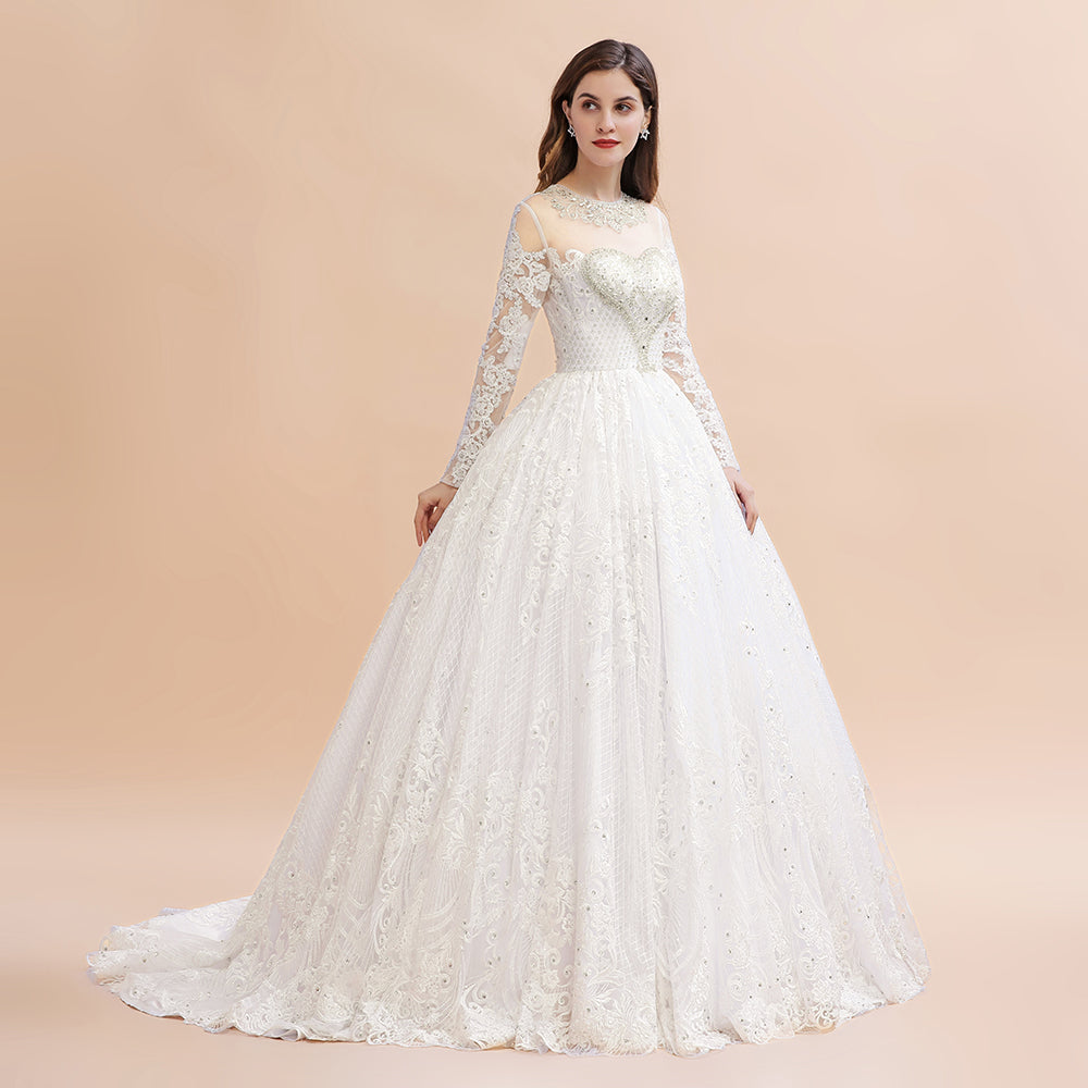 Glamorous Jewel Tulle Lace Wedding Dress | Long Sleeves Appliques Beadings Bridal Gowns
