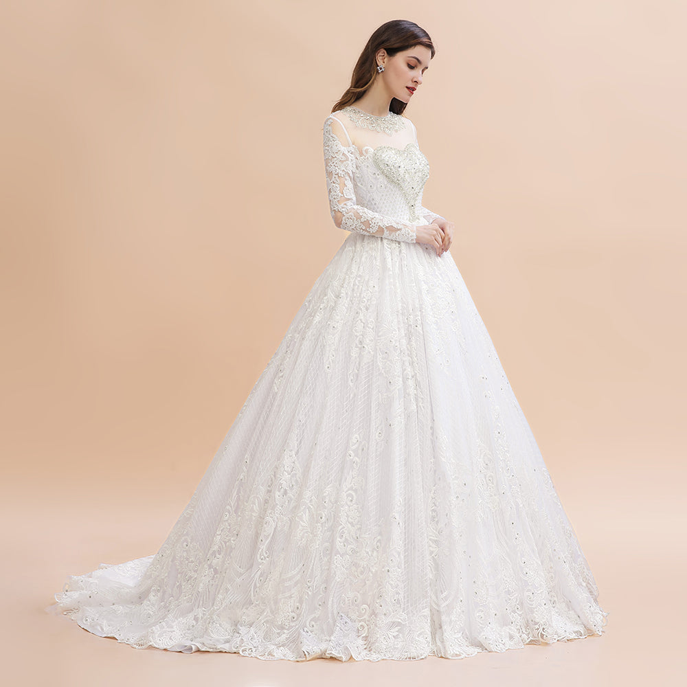 Glamorous Jewel Tulle Lace Wedding Dress | Long Sleeves Appliques Beadings Bridal Gowns