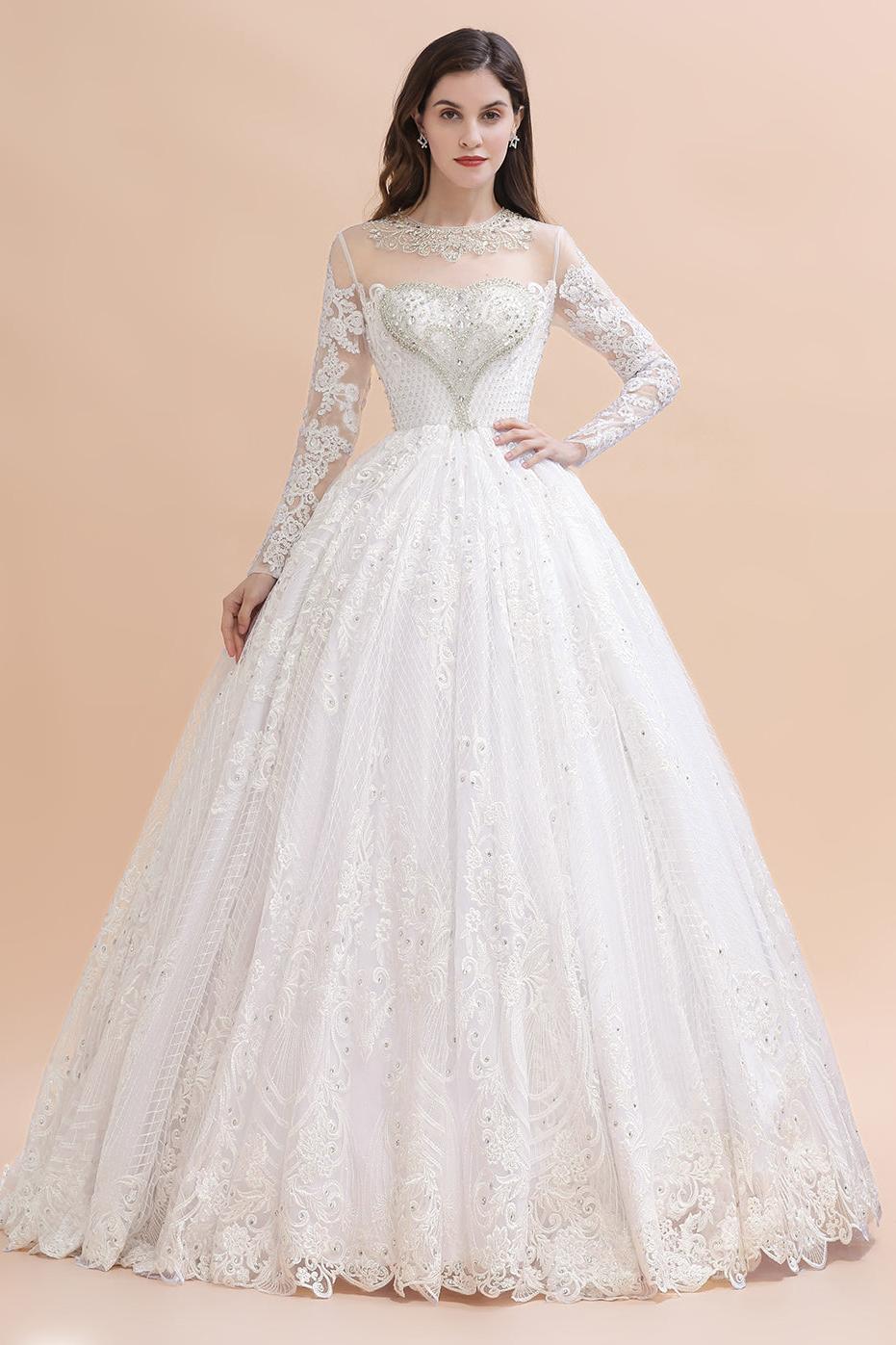 Glamorous Jewel Tulle Lace Wedding Dress | Long Sleeves Appliques Beadings Bridal Gowns