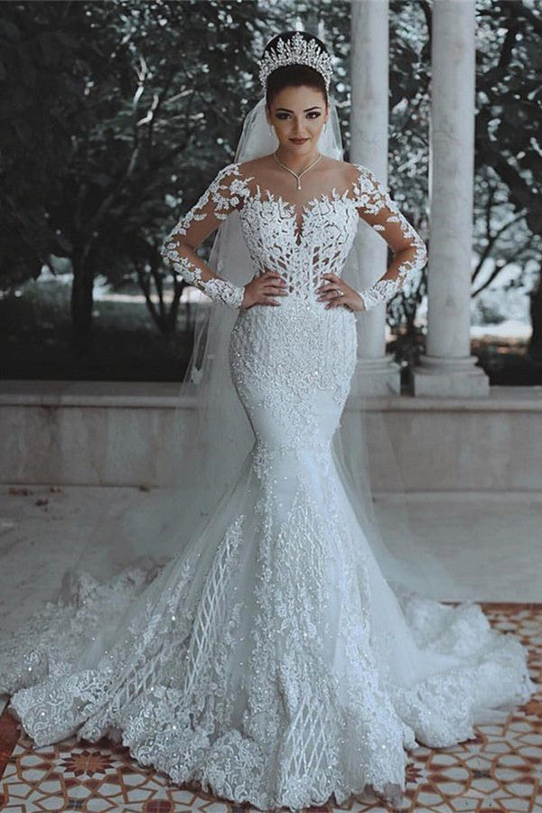 Glamorous Long Sleeve Lace Wedding Dress Mermaid Designer Bridal Gowns Online