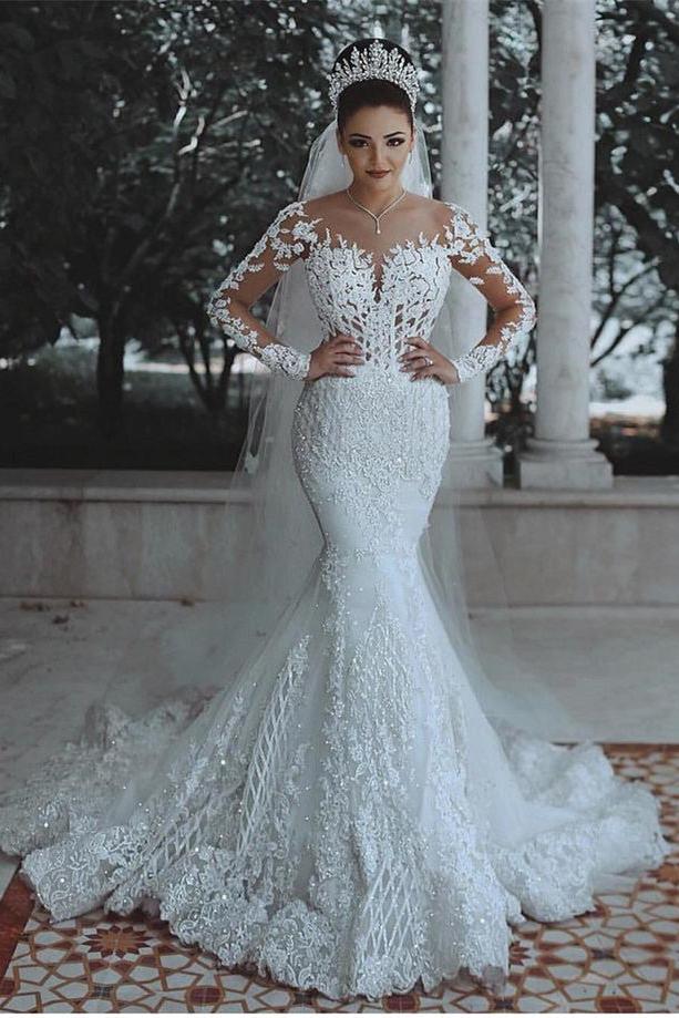 Glamorous Long Sleeve Lace Wedding Dress Mermaid Designer Bridal Gowns Online