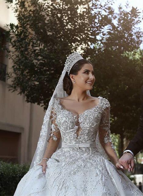 Glamorous Long Sleeves Tulle Appliques Wedding Dresses Crystal Bridal Ball Gowns with Bow BA7970
