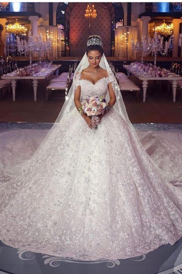 Glamorous Off Shoulder Aline Ball Gown Cathedral Train