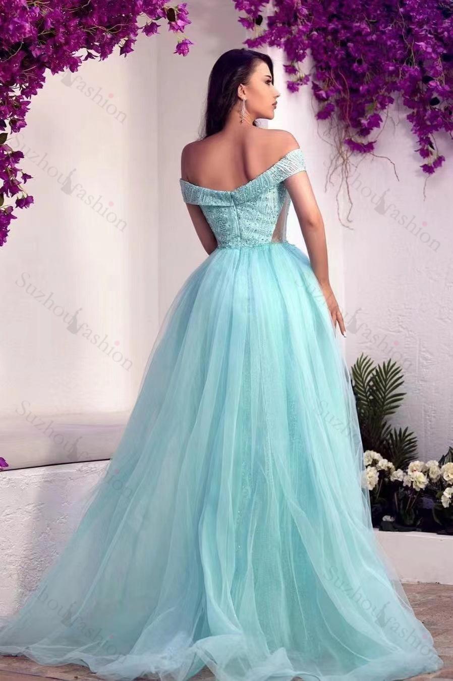 Glamorous Off the Shoulder Prom Dress Tulle Evening Formal Dress With Sequins