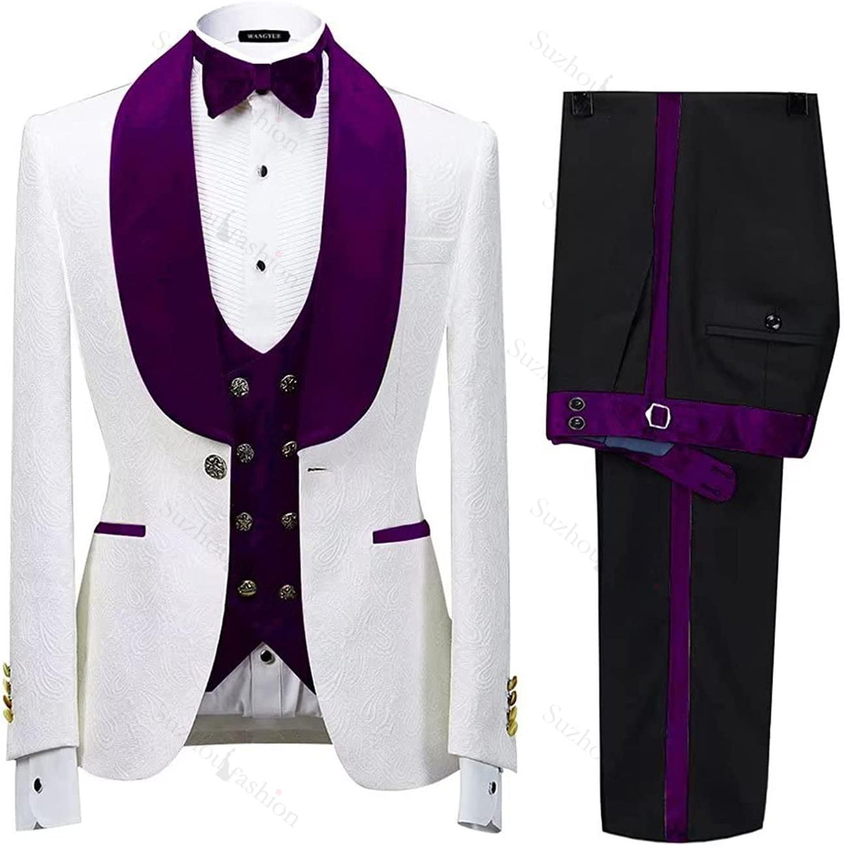 Glamorous Purple Shawl Lapel 3 Piece Jacquard Wedding Suit