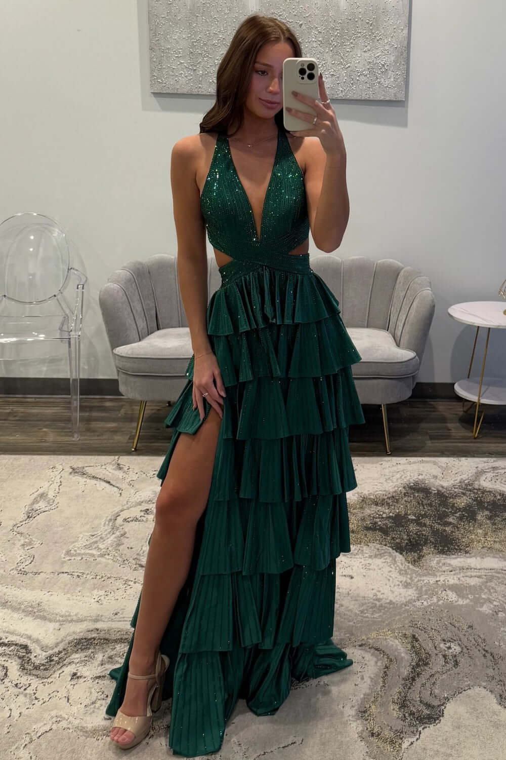 Halter Silver Prom Dress Tiered A-Line Long Formal Dress With Slit