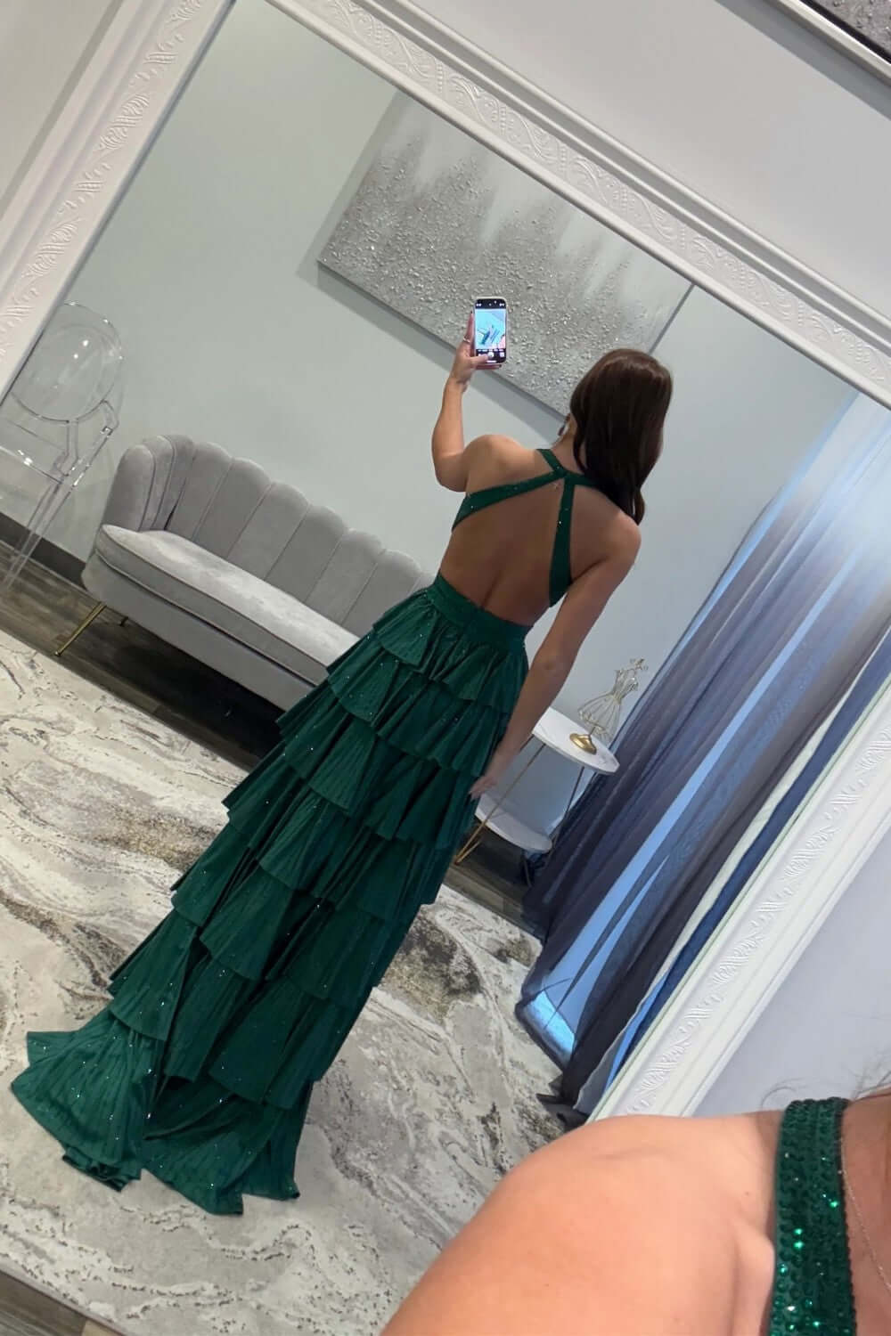Halter Silver Prom Dress Tiered A-Line Long Formal Dress With Slit