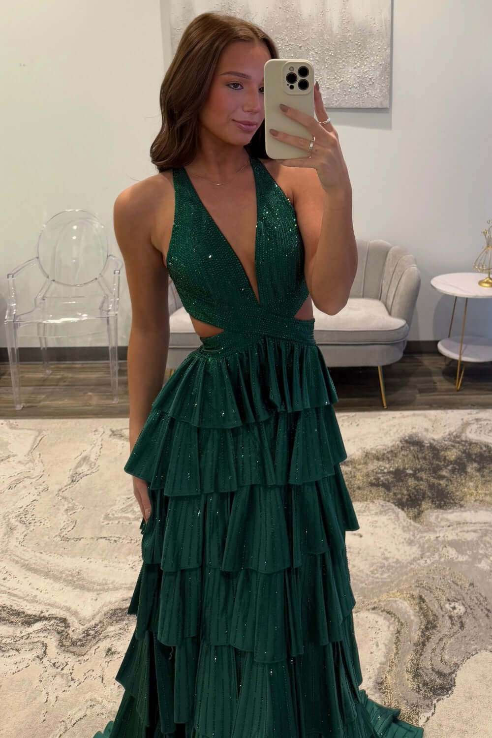 Halter Silver Prom Dress Tiered A-Line Long Formal Dress With Slit