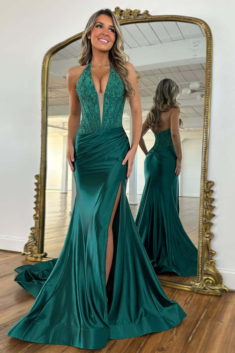 Red Prom Dress Halter Lace Corset Formal Dress With Slit