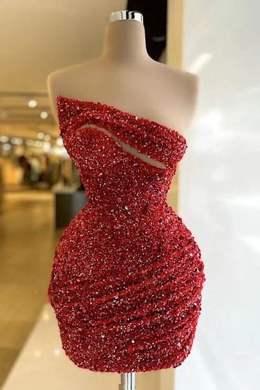 Glamorous Sequins Red Sleeveless Strapless Short Homecoming Dress With Pleated