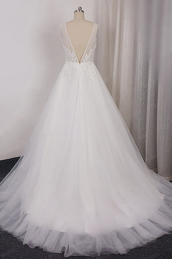 Glamorous V-neck Straps Sleeveless Wedding Dress | Appliques Tulle A-line Bridal Gowns