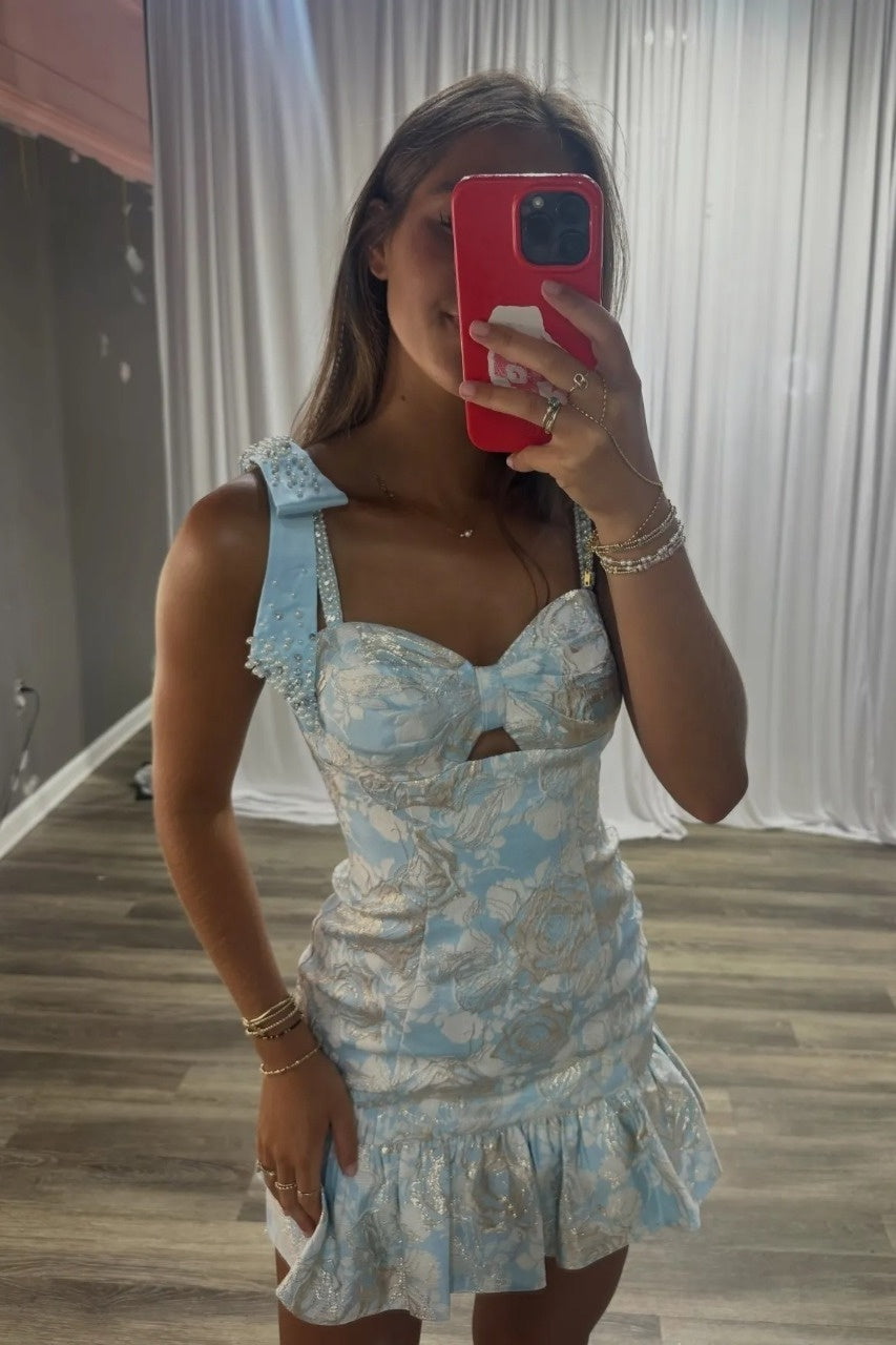 Glamorous A Line Sweetheart Light Blue Printed Short Homecoming Dress with Beading