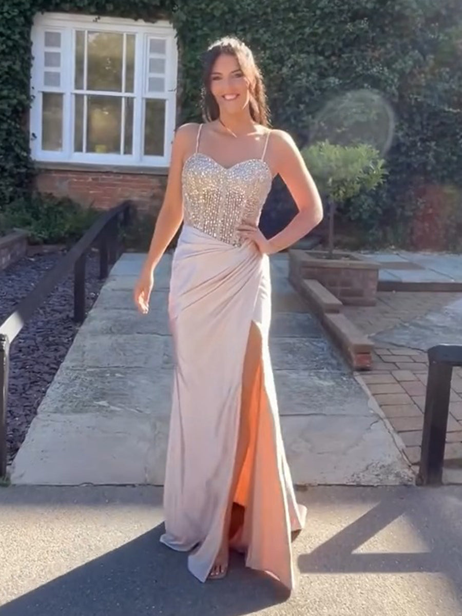 Glamorous Champagne Beaded Bodice Satin Prom Dress with High Slit - VelvetHem