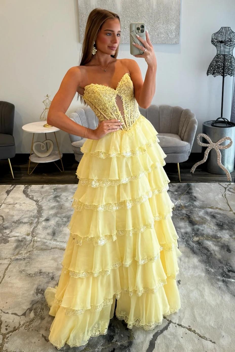 Pretty A Line Sweetheart Yellow Corset Prom Dress with Appliques Ruffles - View 4 | VelvetHem