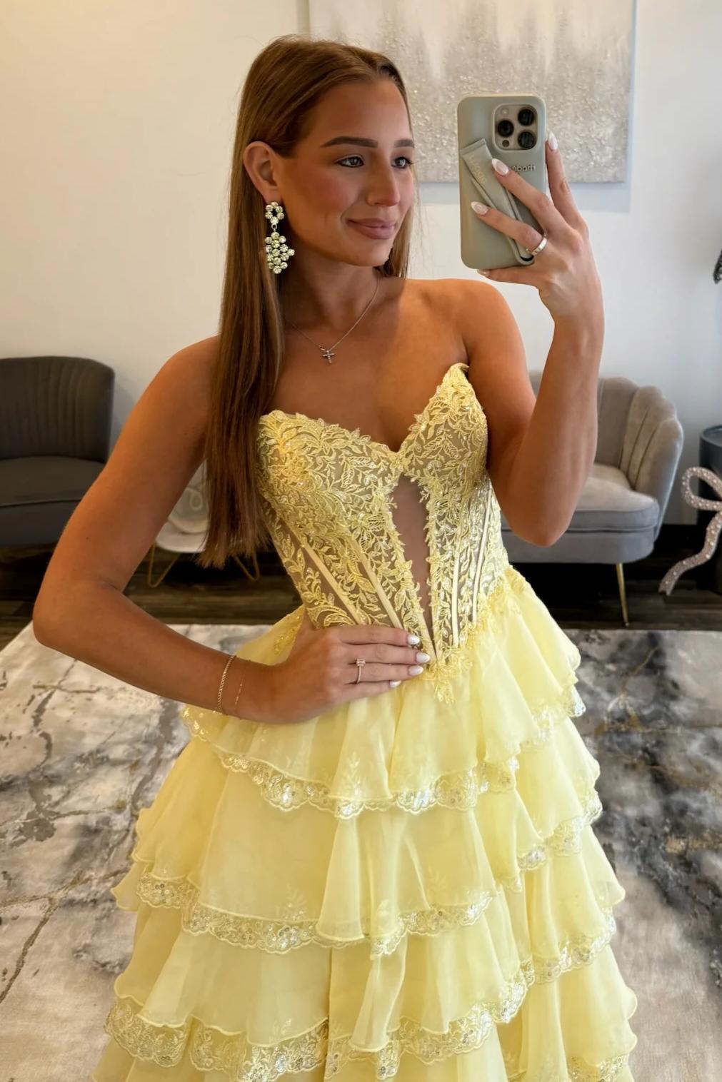 Pretty A Line Sweetheart Yellow Corset Prom Dress with Appliques Ruffles - View 3 | VelvetHem