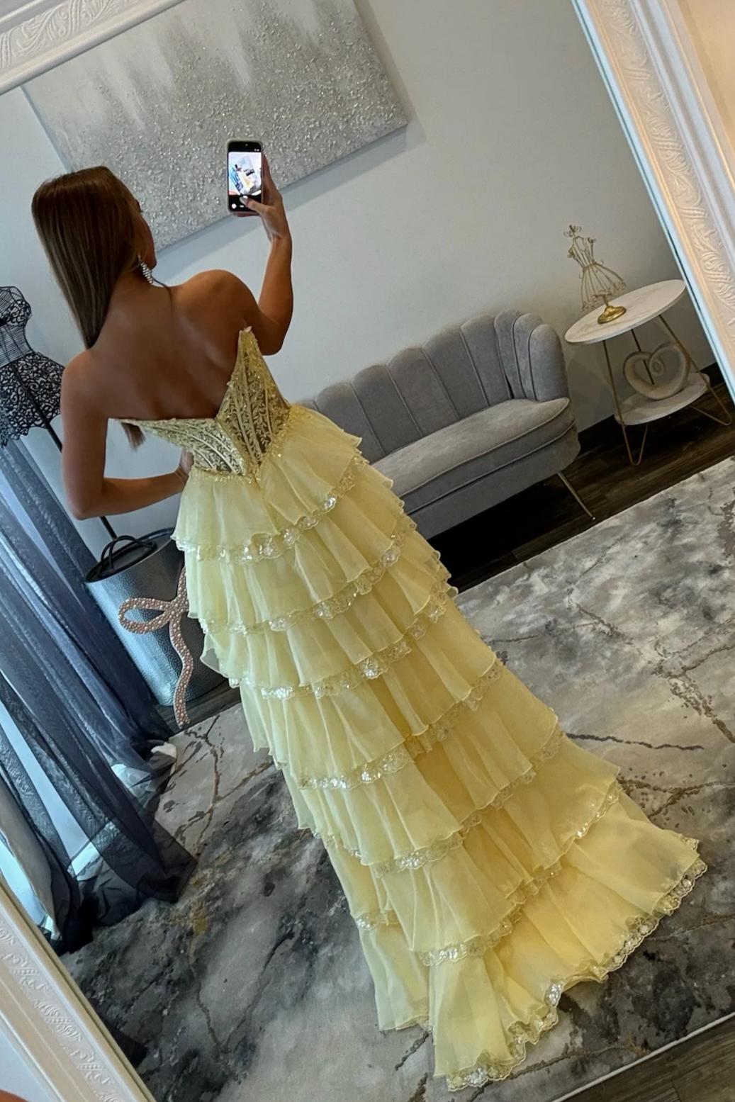 Pretty A Line Sweetheart Yellow Corset Prom Dress with Appliques Ruffles - View 2 | VelvetHem