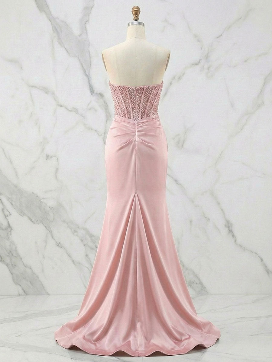 Glamorous Strapless Beaded Corset Satin Prom Dress with Slit