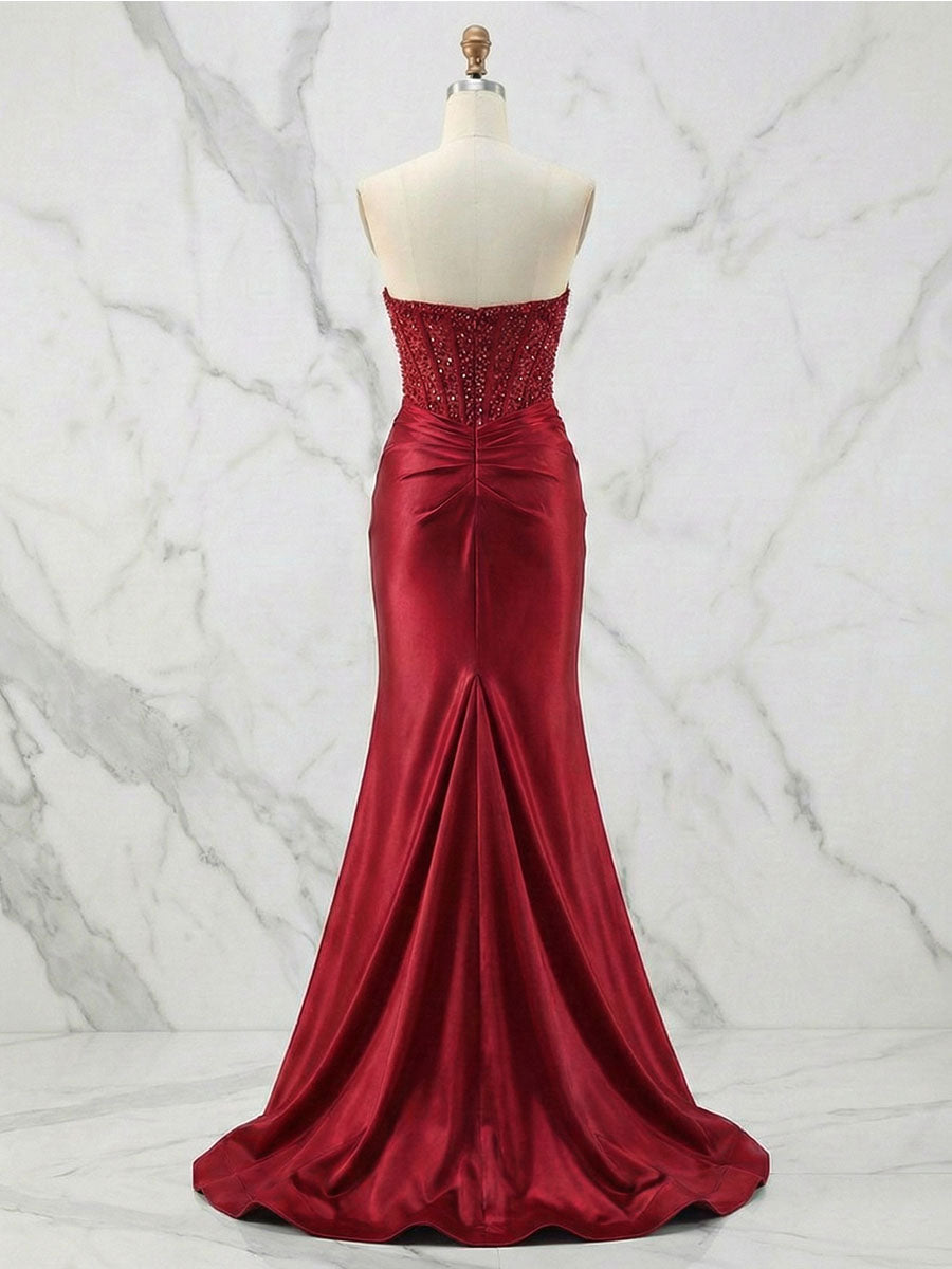Glamorous Strapless Beaded Corset Satin Prom Dress with Slit - VelvetHem