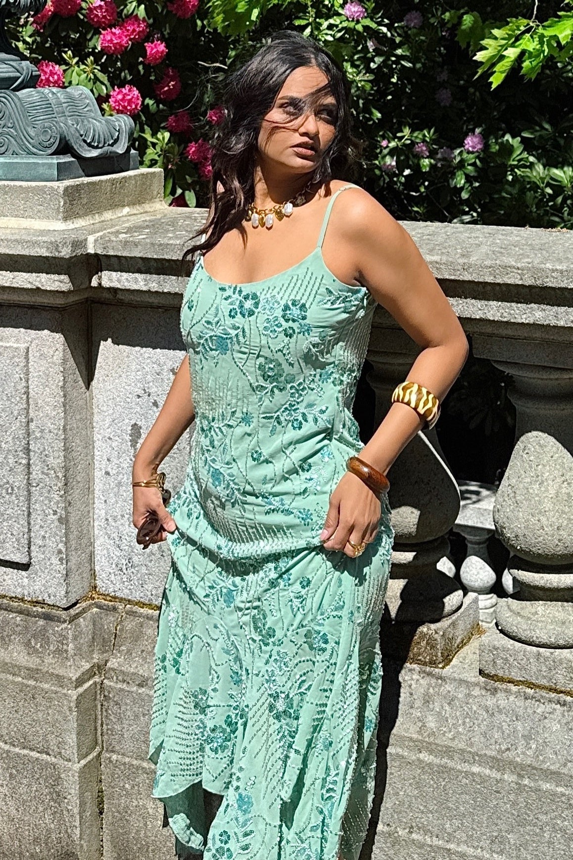 Glamorous Sheath Spaghetti Straps Light Green Tea Length Party Dress with Beading