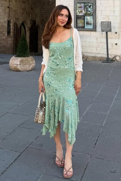 Glamorous Sheath Spaghetti Straps Light Green Tea Length Party Dress with Beading
