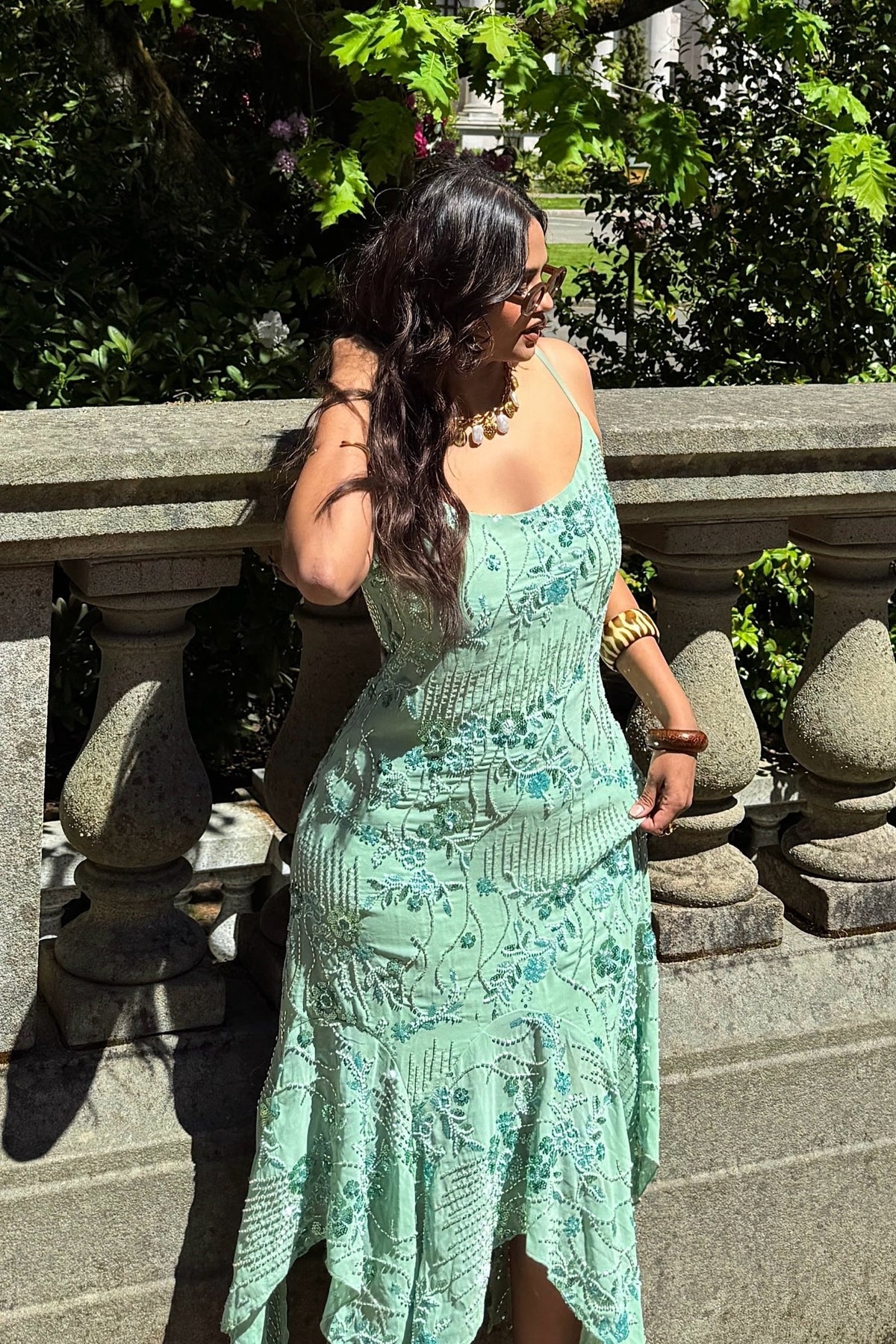 Glamorous Sheath Spaghetti Straps Light Green Tea Length Party Dress with Beading