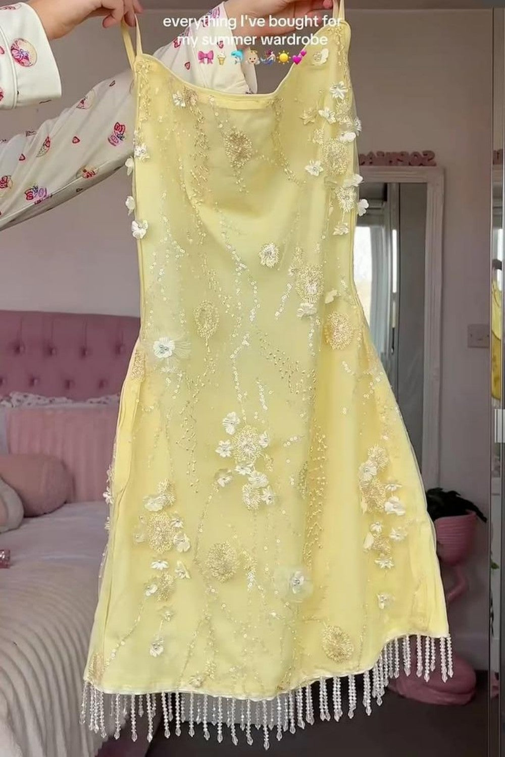 Glamorous Yellow Mini Homecoming Dress with Floral Beaded Embellishment and Fringe Trim Hem