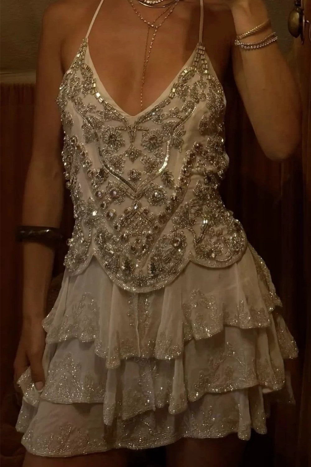 Glamorous Green Embellished Homecoming Dress with Deep V Neck and Layered Skirt Detail