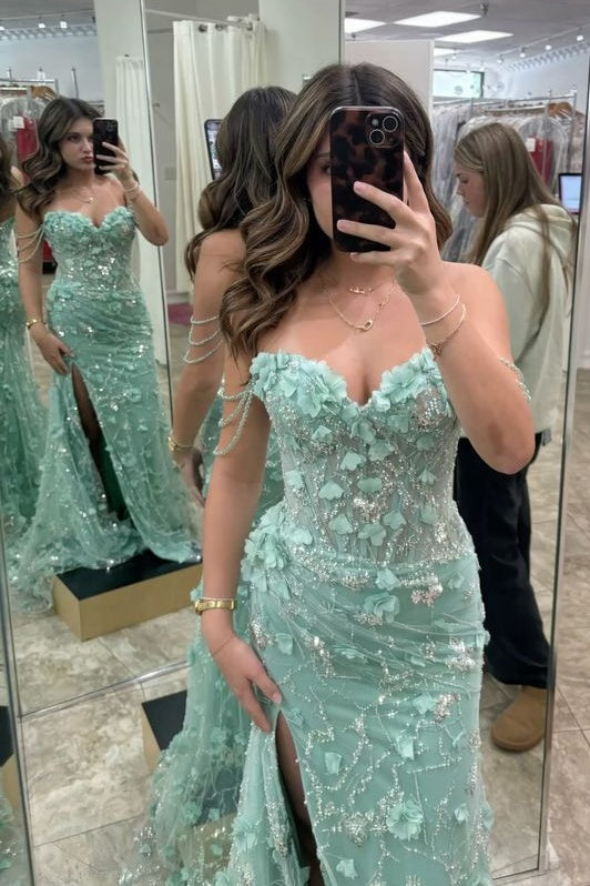 Glamorous Mermaid Off the Shoulder Green Long Prom Dress with Appliques - View 3 | VelvetHem