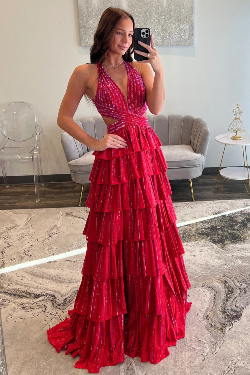 Sparkly A Line Halter Neck Long Tiered Dark Green Beaded Prom Dress with High Slit - View 7 | VelvetHem