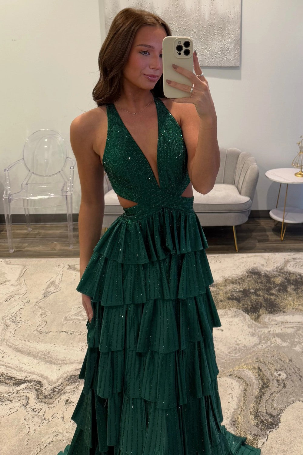 Sparkly A Line Halter Neck Long Tiered Dark Green Beaded Prom Dress with High Slit - View 4 | VelvetHem