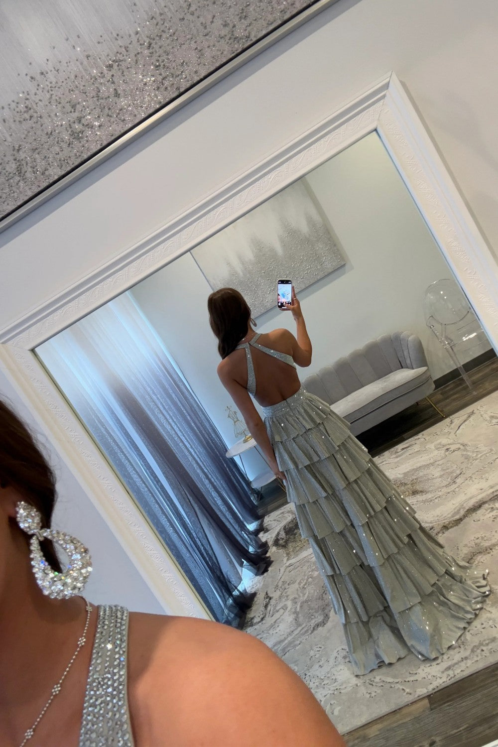 Luxurious Sparkly Mermaid Halter Long Tiered Beaded Prom Dress with High Slit