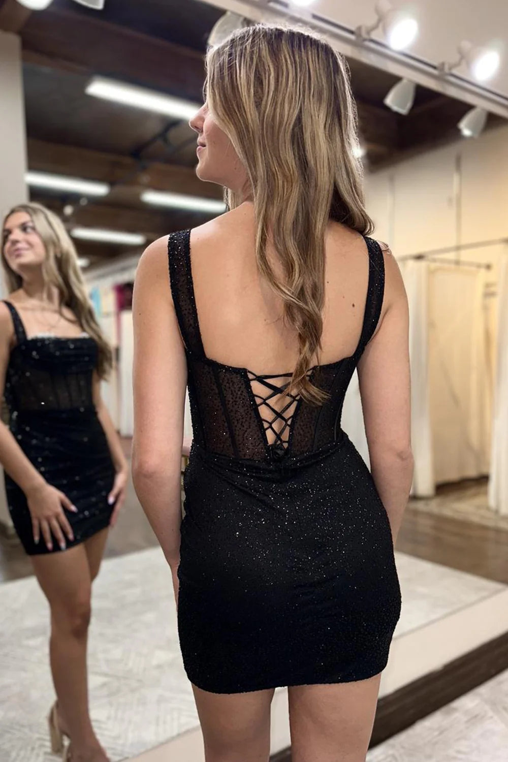 Glitter Black Homecoming Dresses Corset Sequin Off the Shoulder Tight Short Cocktail Dresses