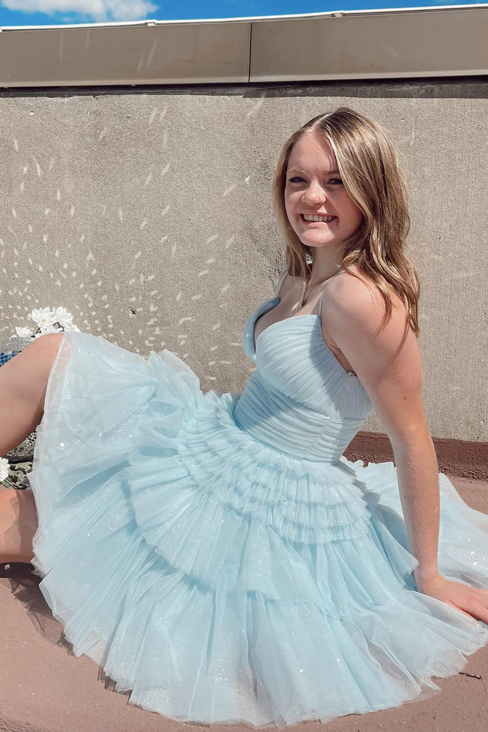 Glitter Navy Homecoming Dresses A-Line Tulle Tiered Short Cocktail Dresses