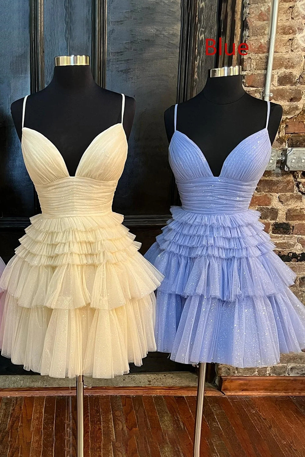 Glitter Navy Homecoming Dresses A-Line Tulle Tiered Short Cocktail Dresses