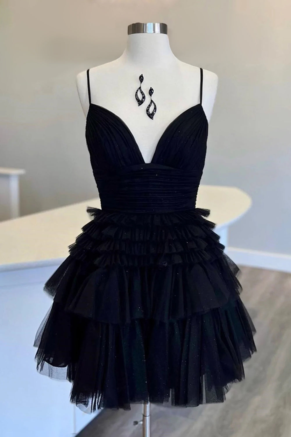 Glitter Navy Homecoming Dresses A-Line Tulle Tiered Short Cocktail Dresses