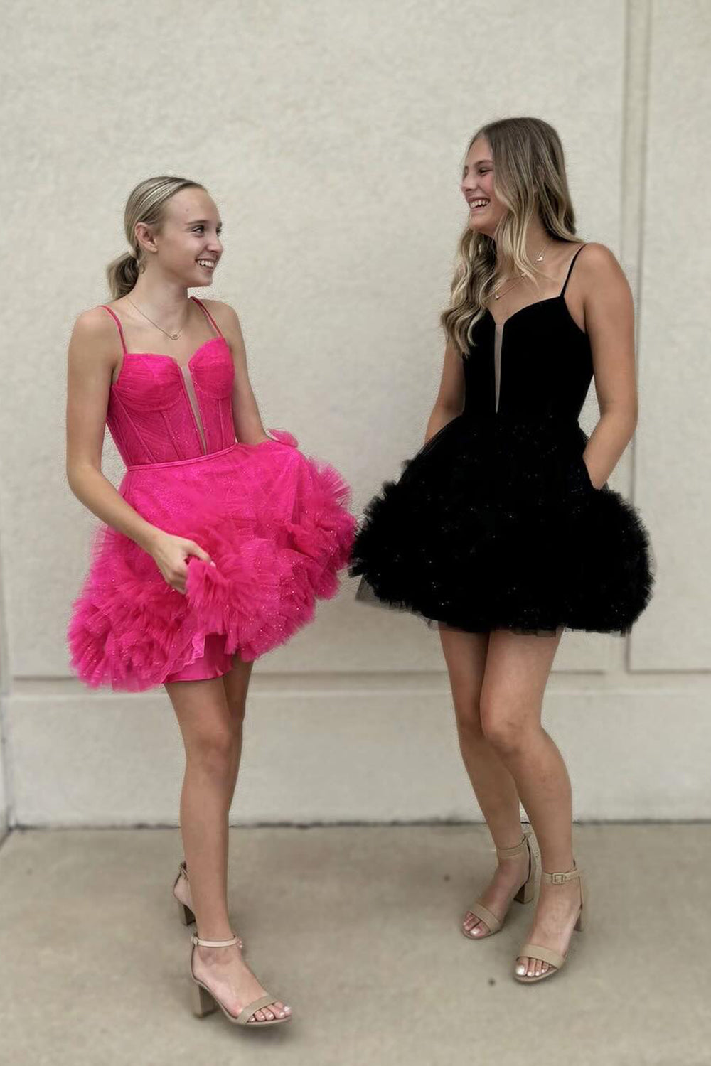 Glitter Pink Homecoming Dresses Corset Tulle A-Line Tulle Short Cocktail Dresses With Pocket
