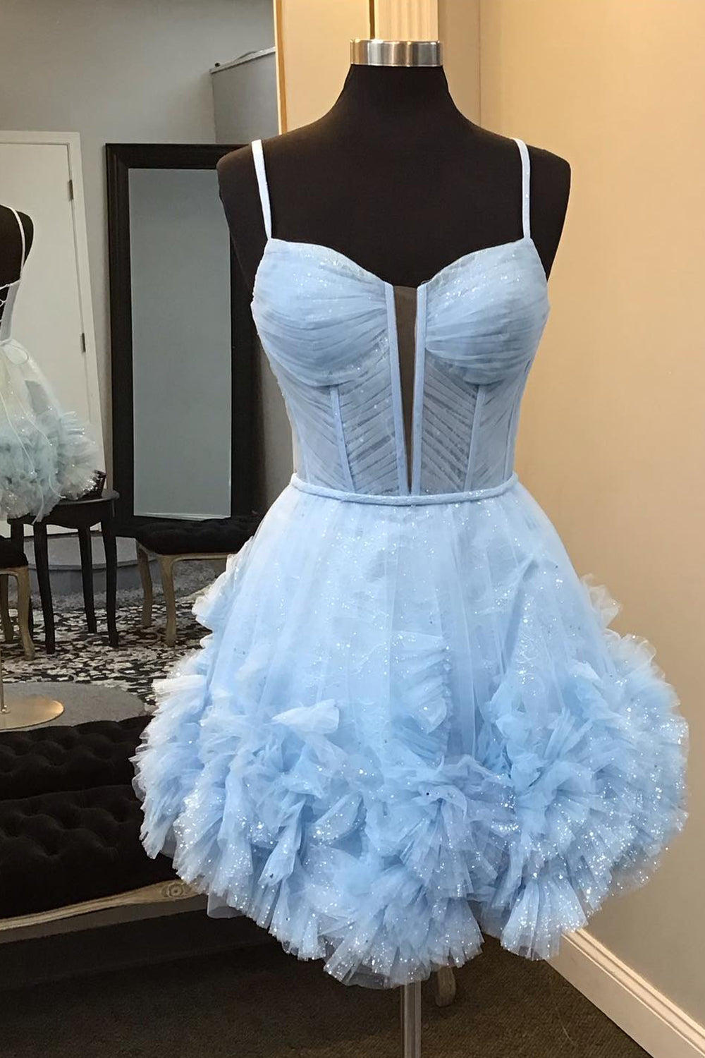 Glitter Pink Homecoming Dresses Corset Tulle A-Line Tulle Short Cocktail Dresses With Pocket