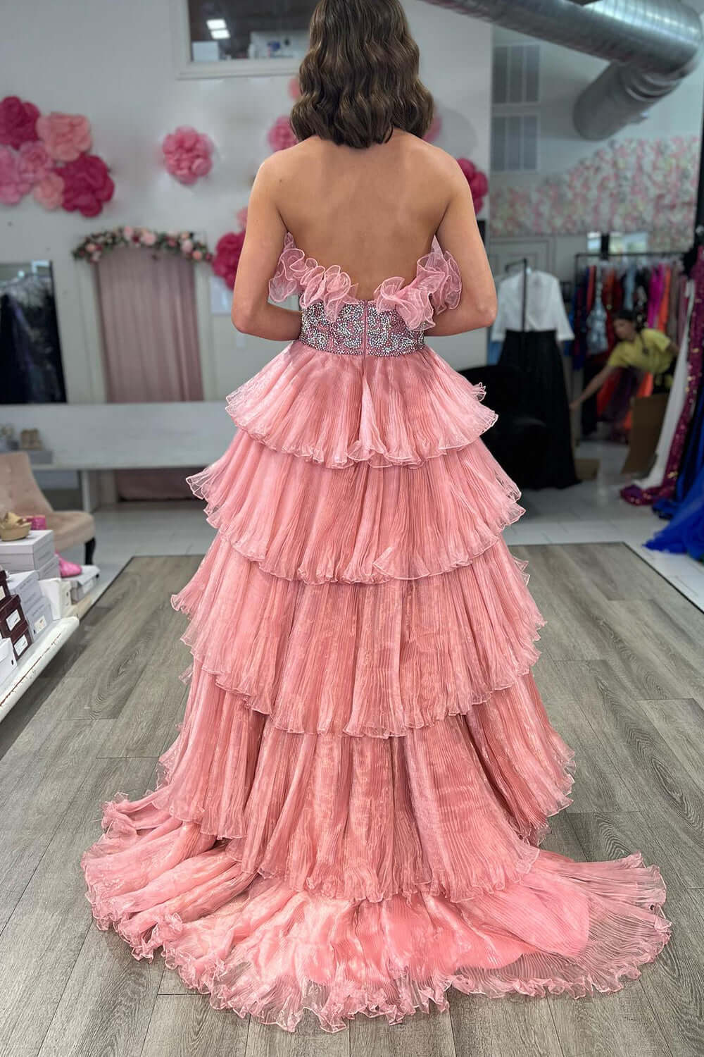 Blue Prom Dress Ruffled Beaded A-Line Long Formal Dress