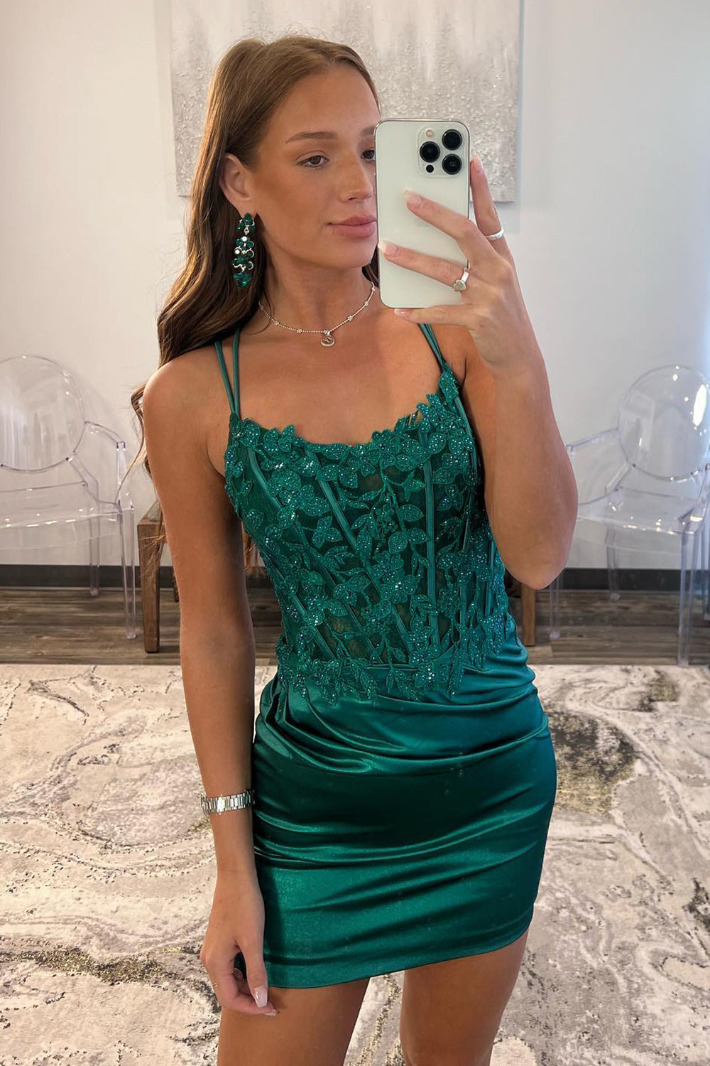 Glitter Dark Green Homecoming Dresses Corset Spaghetti Straps Tight Short Cocktail Dresses with Lace
