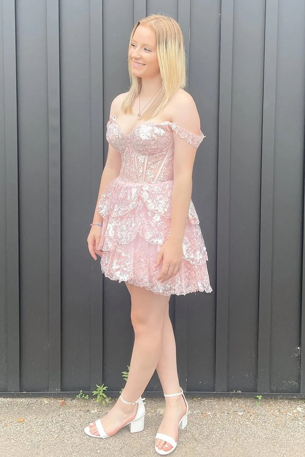 Glitter Fuchsia Homecoming Dresses Tiered A-Line Short Lace Prom Dress